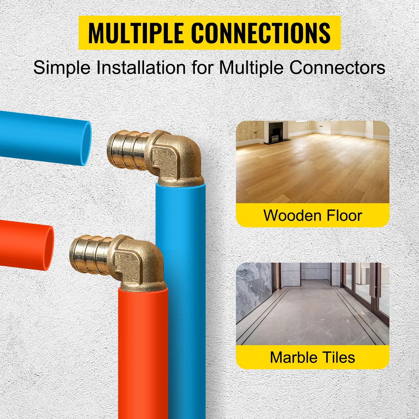 Tubo pex VEVOR para conexiones múltiples con suelo de madera y baldosas de mármol.