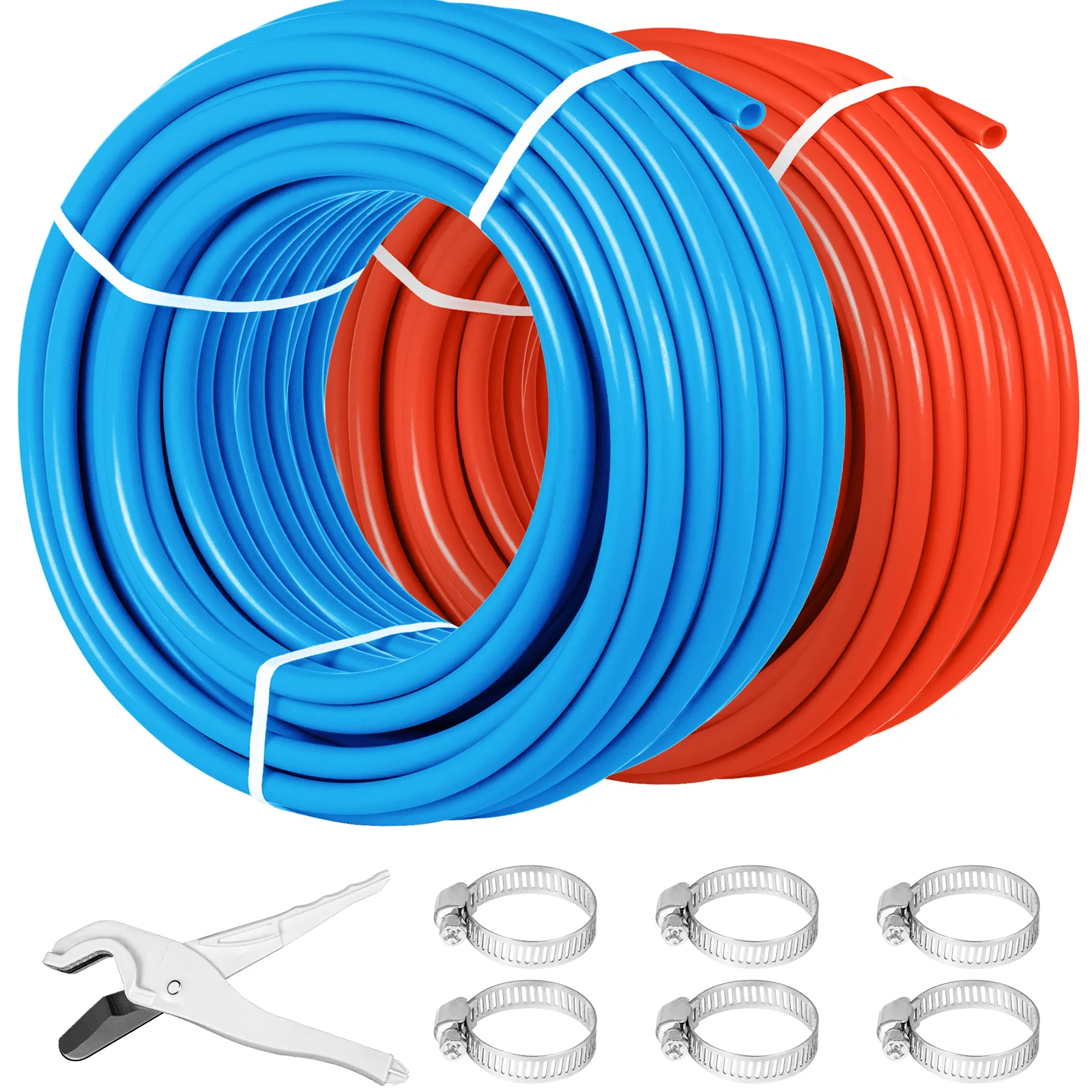 Tubo pex VEVOR en rojo y azul con abrazaderas y herramienta de corte.