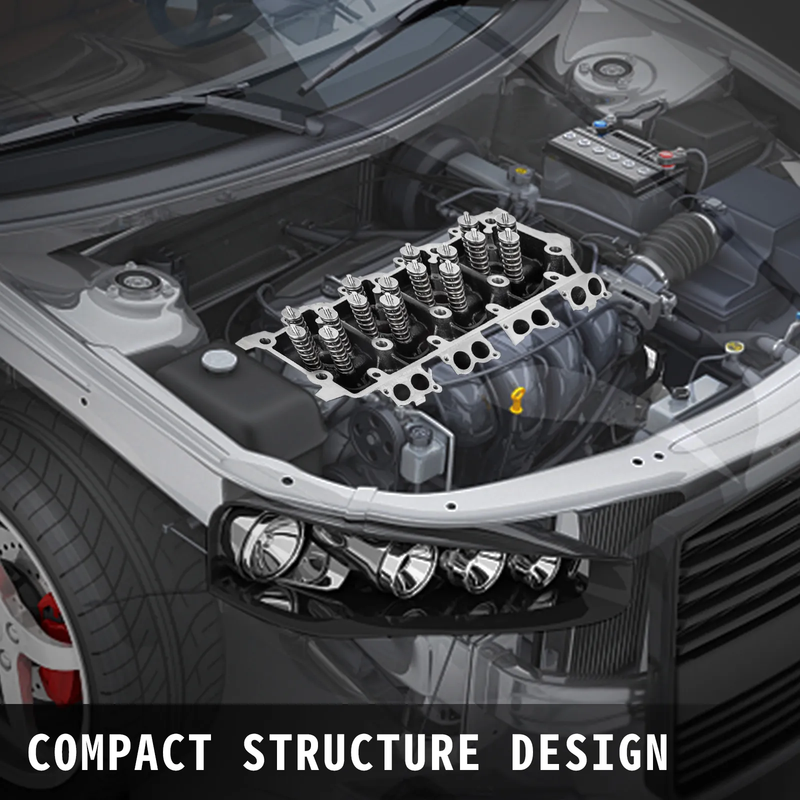 VEVOR cylinder head ford 6.0l powerstroke diesel in engine bay, compact structure design.