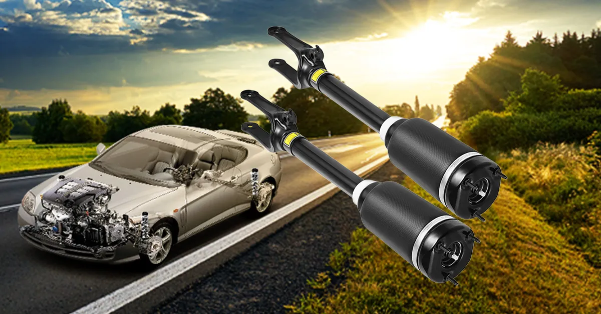 VEVOR mercedes w164 front air suspension highlighted with car cutaway on scenic road.