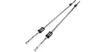 two parallel VEVOR linear rails with black carriages on white background.