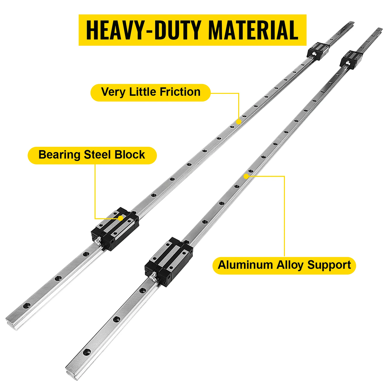 VEVOR linear rail showcasing bearing steel block, aluminum alloy support, and low friction.
