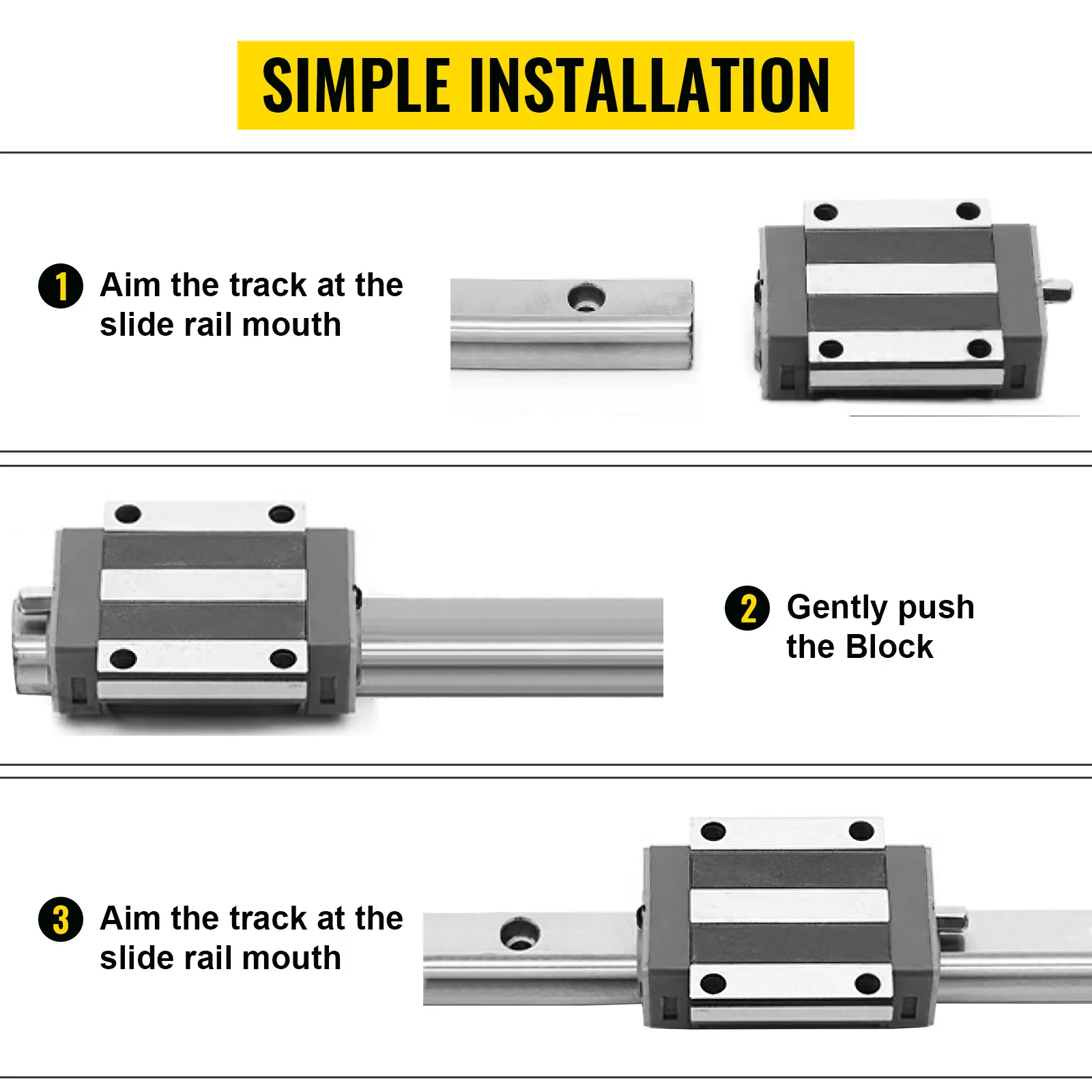 VEVOR linear rail installation steps with track alignment and block pushing guide.