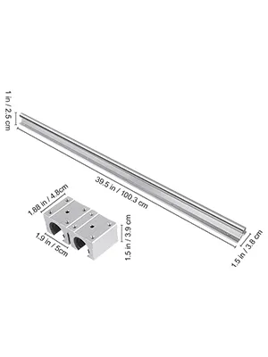 VEVOR linear rail set: 39.5in rail, two blocks with dimensions and measurements labeled.