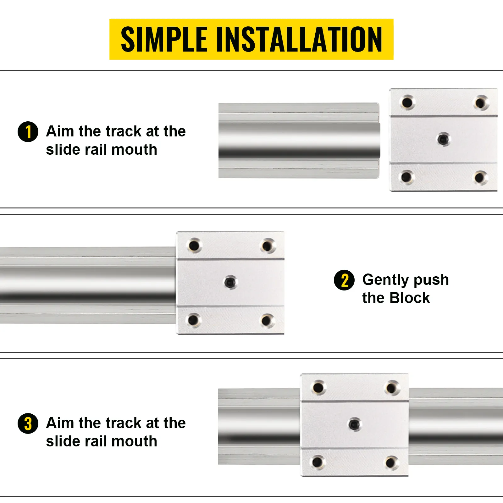 VEVOR linear rail set simple installation steps on a metal guide rail.