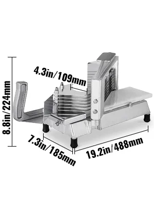 Affettapomodori VEVOR con dimensioni per un taglio facile: 22,2 cm di altezza, 50,8 cm di lunghezza.