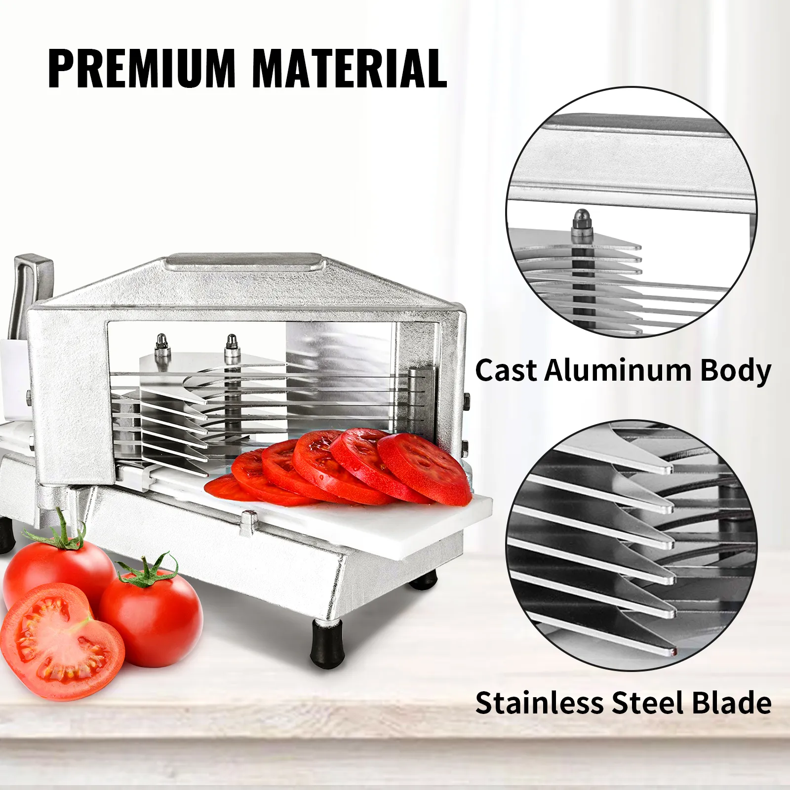 Affetta pomodori VEVOR con corpo in alluminio pressofuso e lama in acciaio inox per affettare i pomodori.