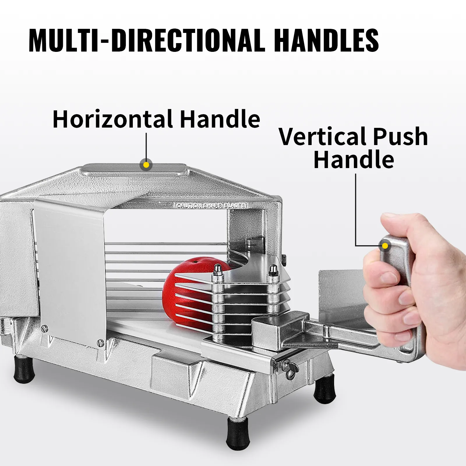 Affettapomodori VEVOR con manici multidirezionali per il taglio orizzontale e verticale.