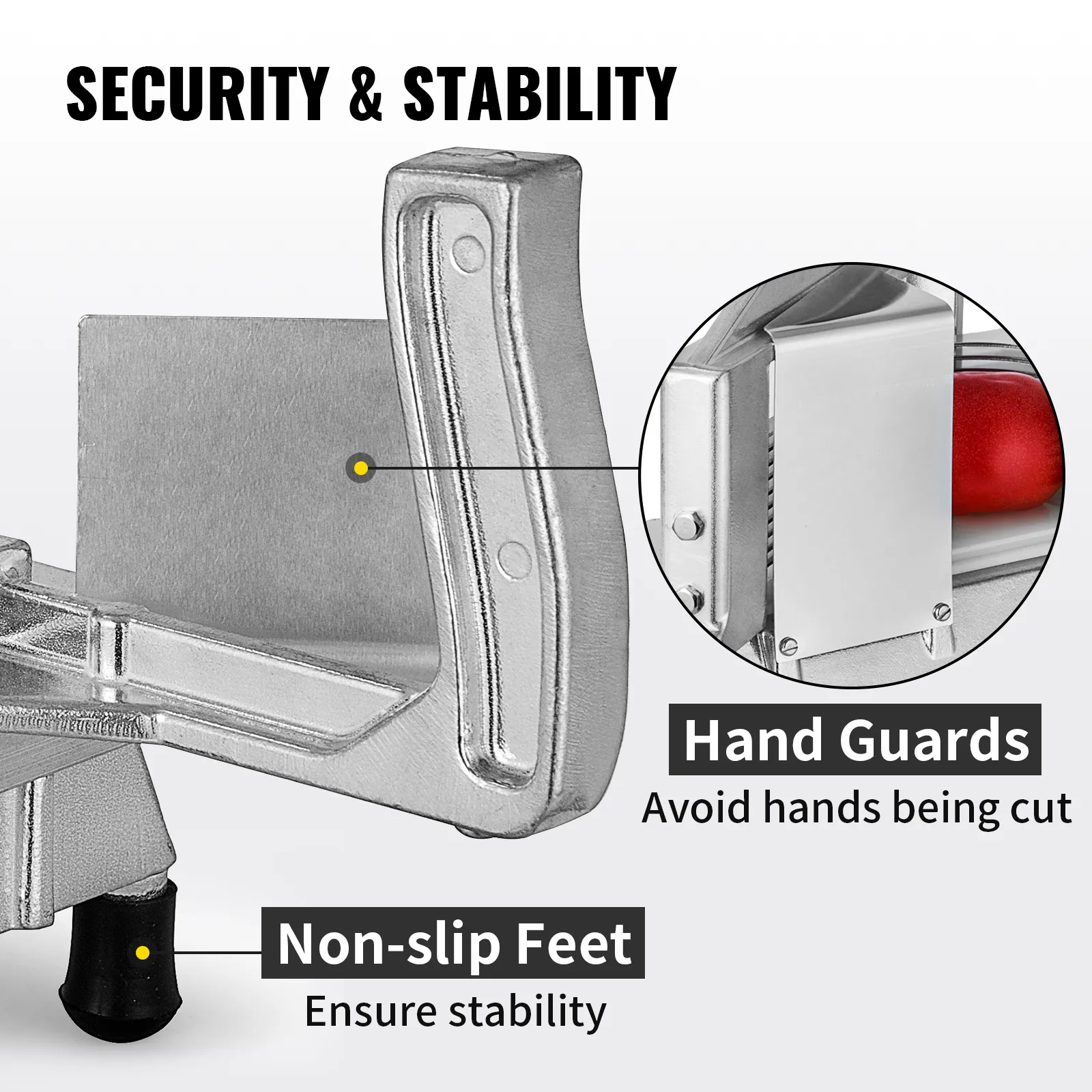 Affettapomodori VEVOR con protezioni per le mani e piedini antiscivolo per sicurezza e stabilità.