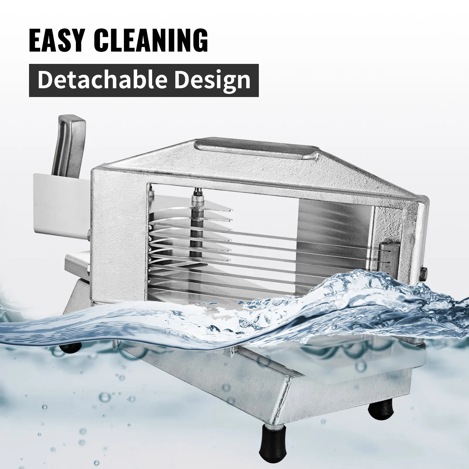 Affettapomodori VEVOR con design staccabile e facile da pulire, circondato da spruzzi d'acqua.