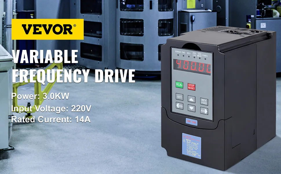 Variador de frecuencia VFD VEVOR de 3 kW en un entorno industrial.