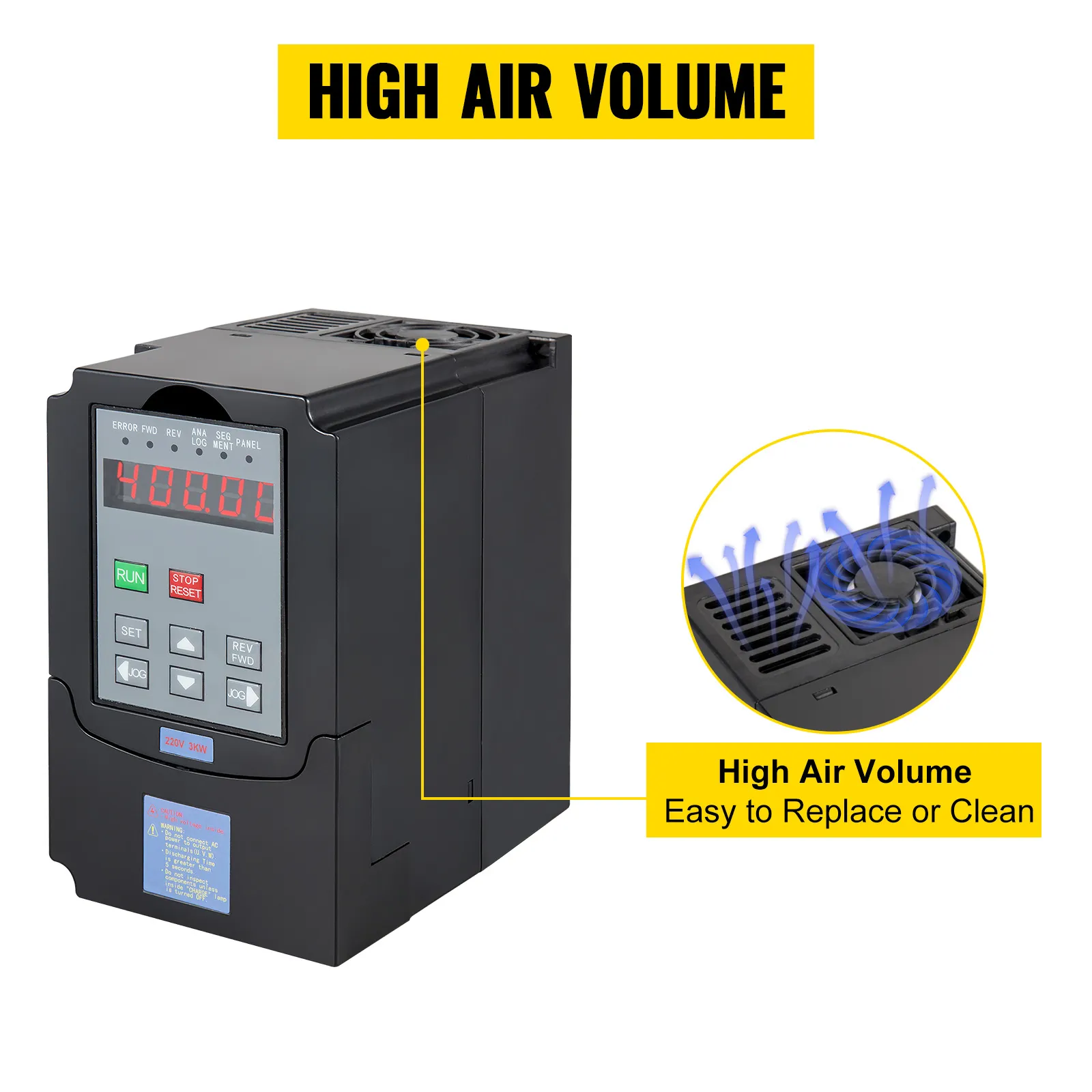 VEVOR 3kw vfd que muestra un alto volumen de aire con filtro fácilmente reemplazable.