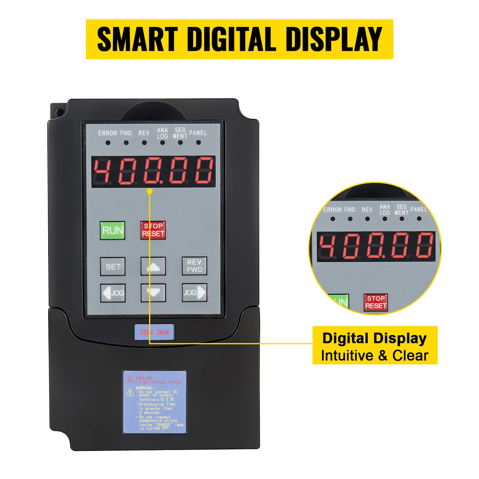 VEVOR 3kw vfd con pantalla digital inteligente que muestra una lectura intuitiva y clara.