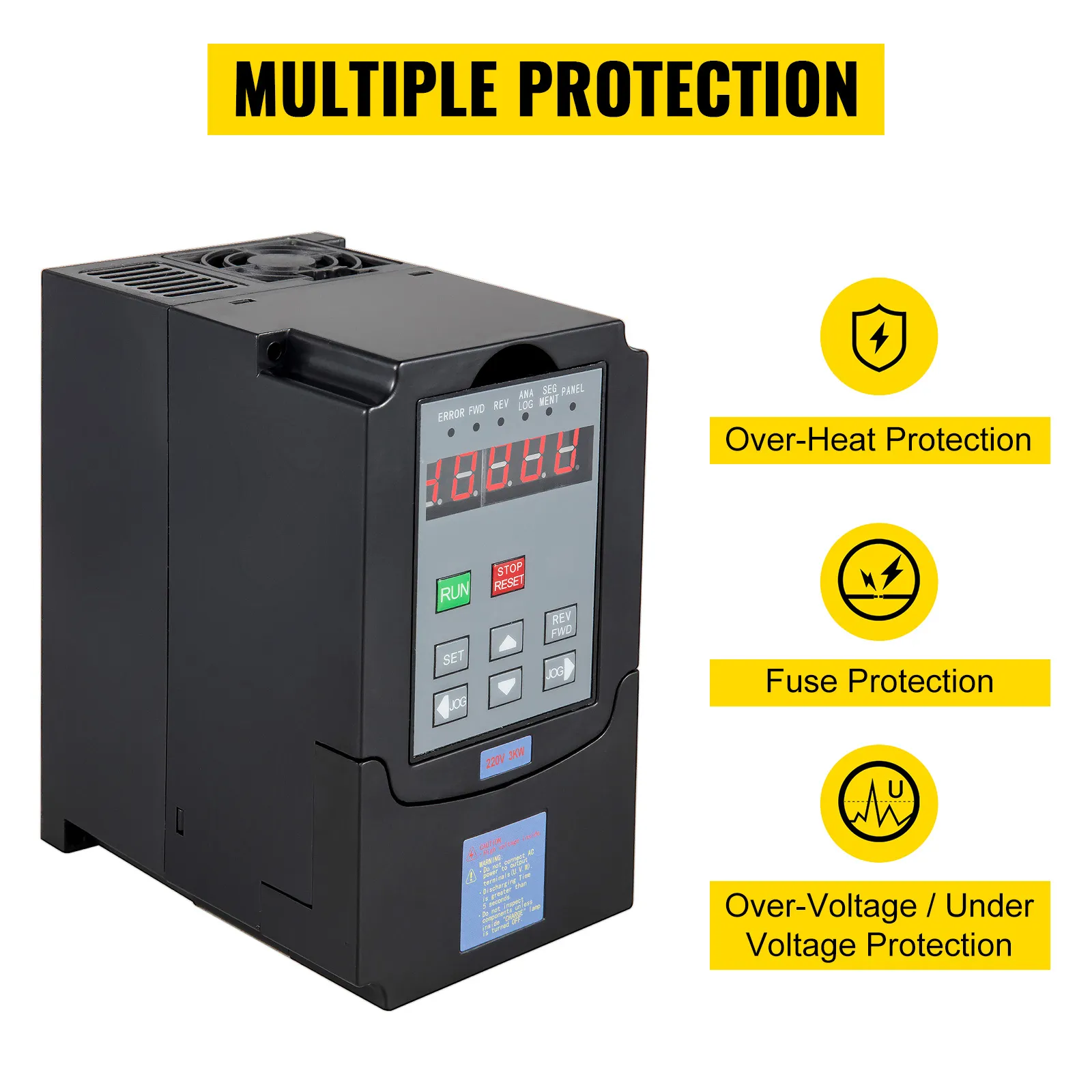 VEVOR 3kw vfd con múltiples protecciones: sobrecalentamiento, fusible y protección de voltaje.