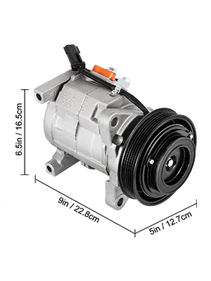Compresor de CA VEVOR con dimensiones: 6,5 pulgadas x 9 pulgadas x 5 pulgadas.