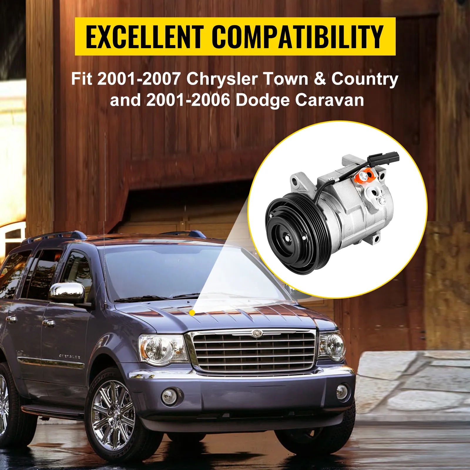 SUV Chrysler con compresor de aire acondicionado VEVOR destacado y detalles de compatibilidad.