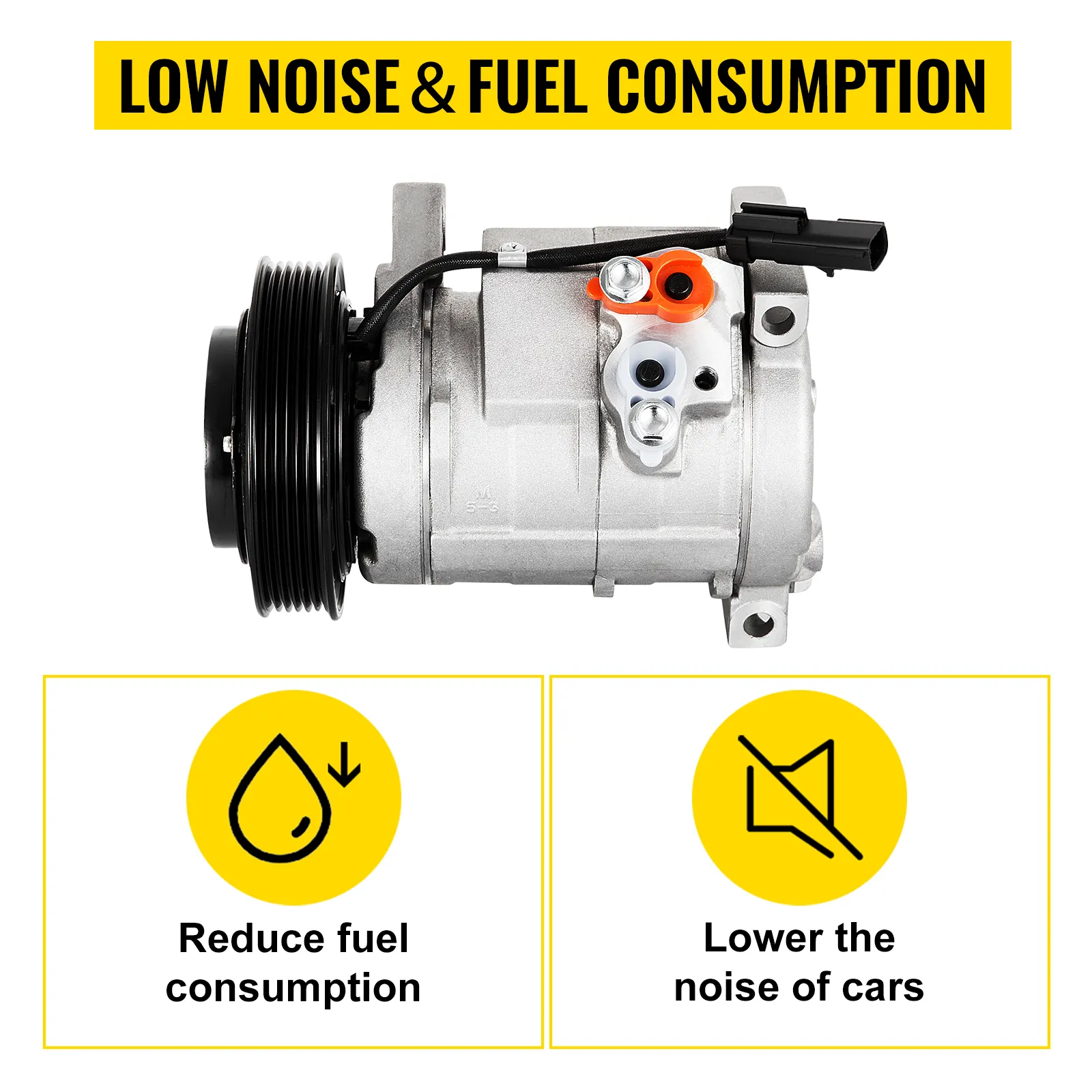 Compresor de aire acondicionado VEVOR, menor ruido, reduce el consumo de combustible, fondo amarillo.