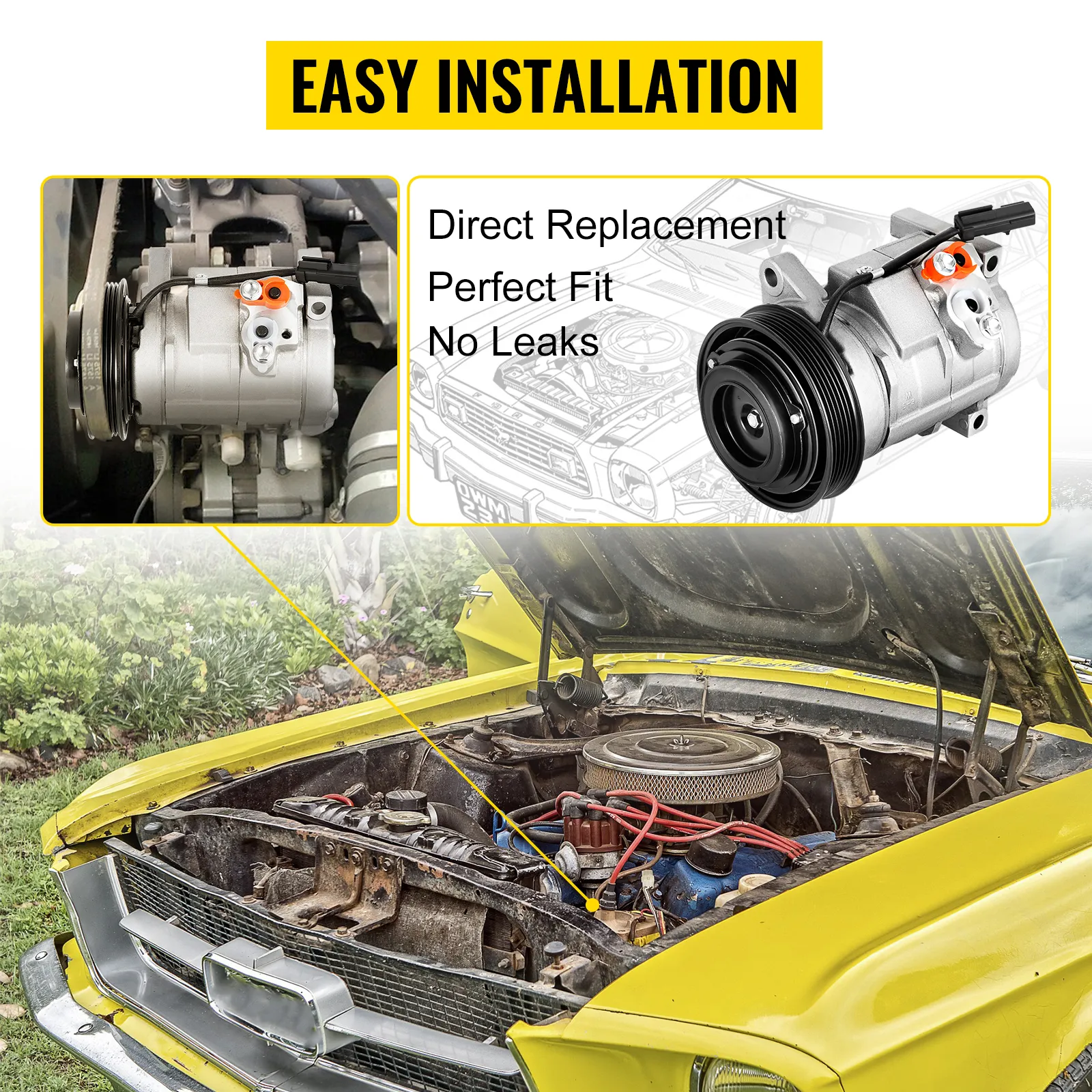 Compresor de aire acondicionado VEVOR instalado en un motor de automóvil amarillo, destacando su fácil instalación.