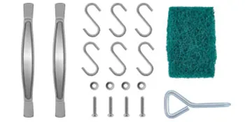 VEVOR outdoor kitchen access door handles, s-hooks, screws, and a green scrub pad.