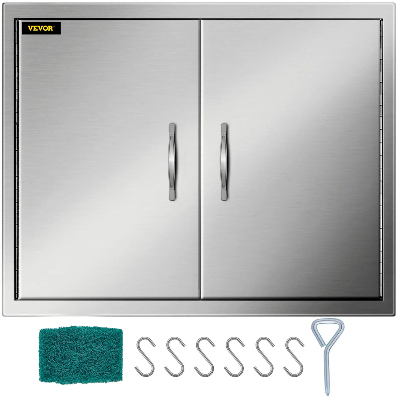 dual stainless steel VEVOR outdoor kitchen access door with cleaning pad and s-hooks.