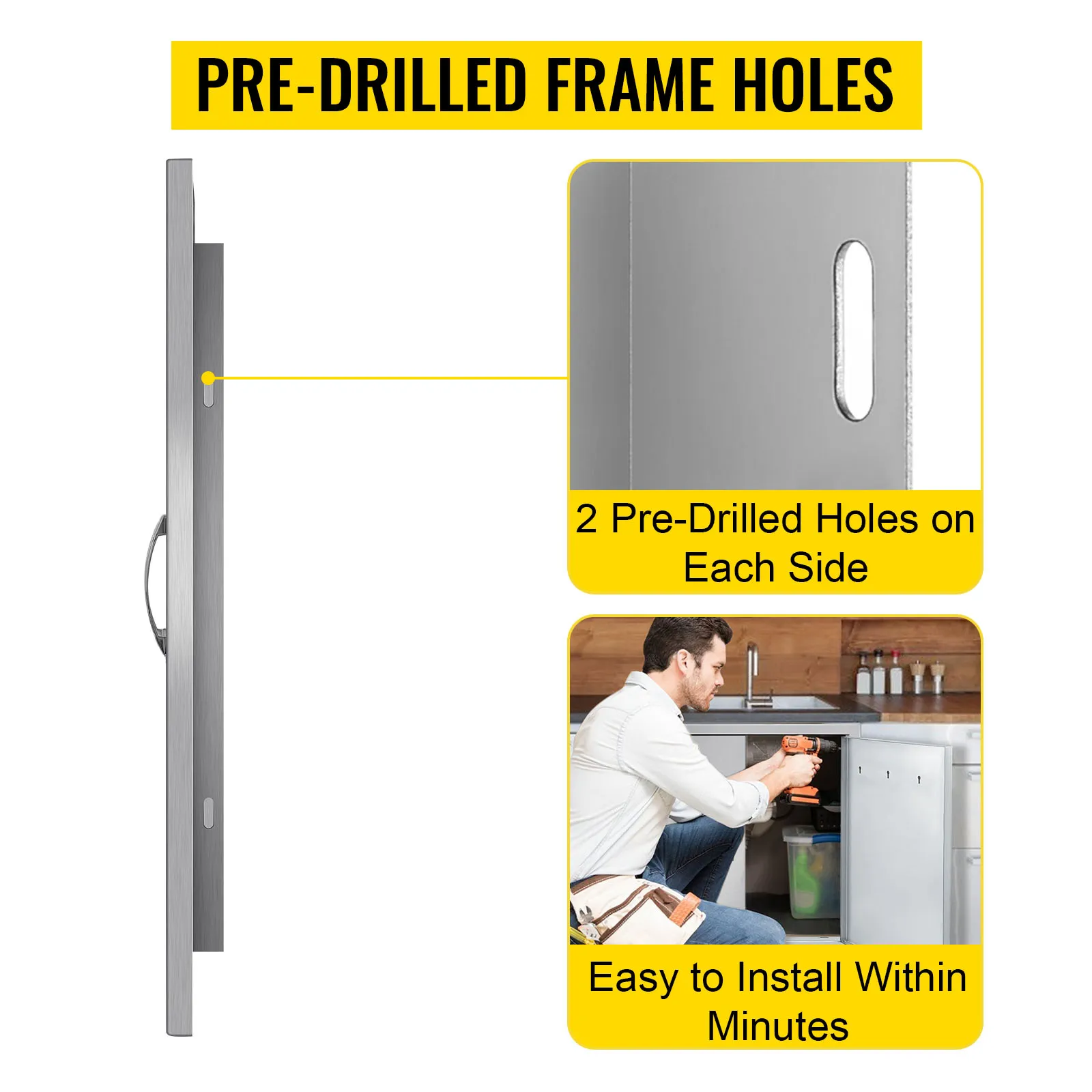 VEVOR outdoor kitchen access door with pre-drilled frame holes for easy installation.