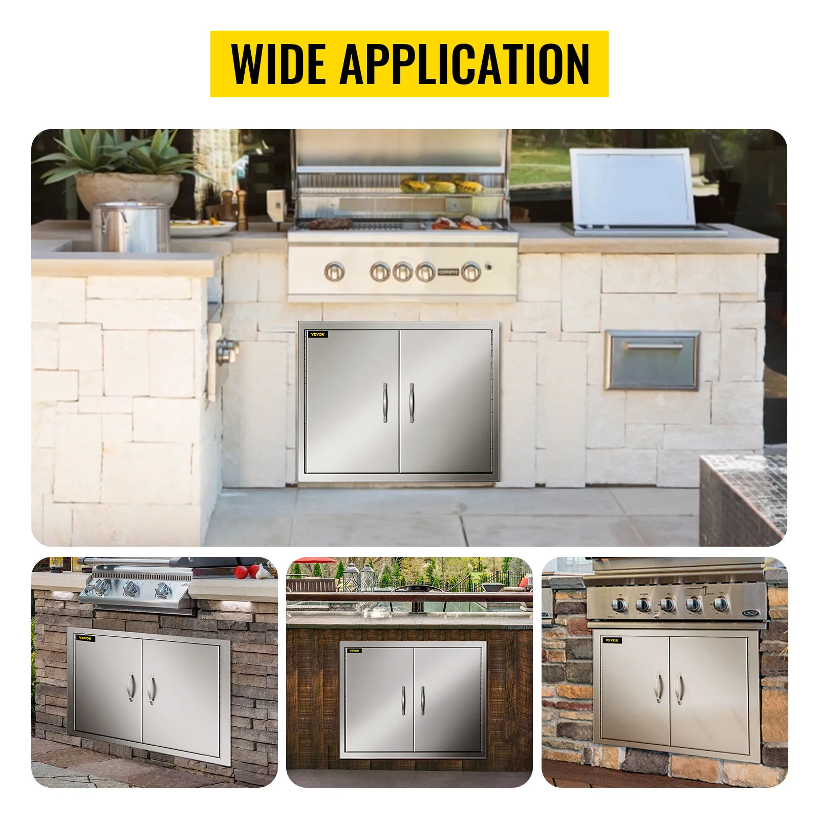 VEVOR outdoor kitchen access door in various stone and brick setups, highlighting versatility.