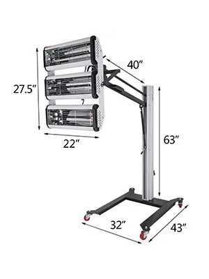 Lámpara de curado de pintura por infrarrojos VEVOR con dimensiones etiquetadas para alto y ancho.