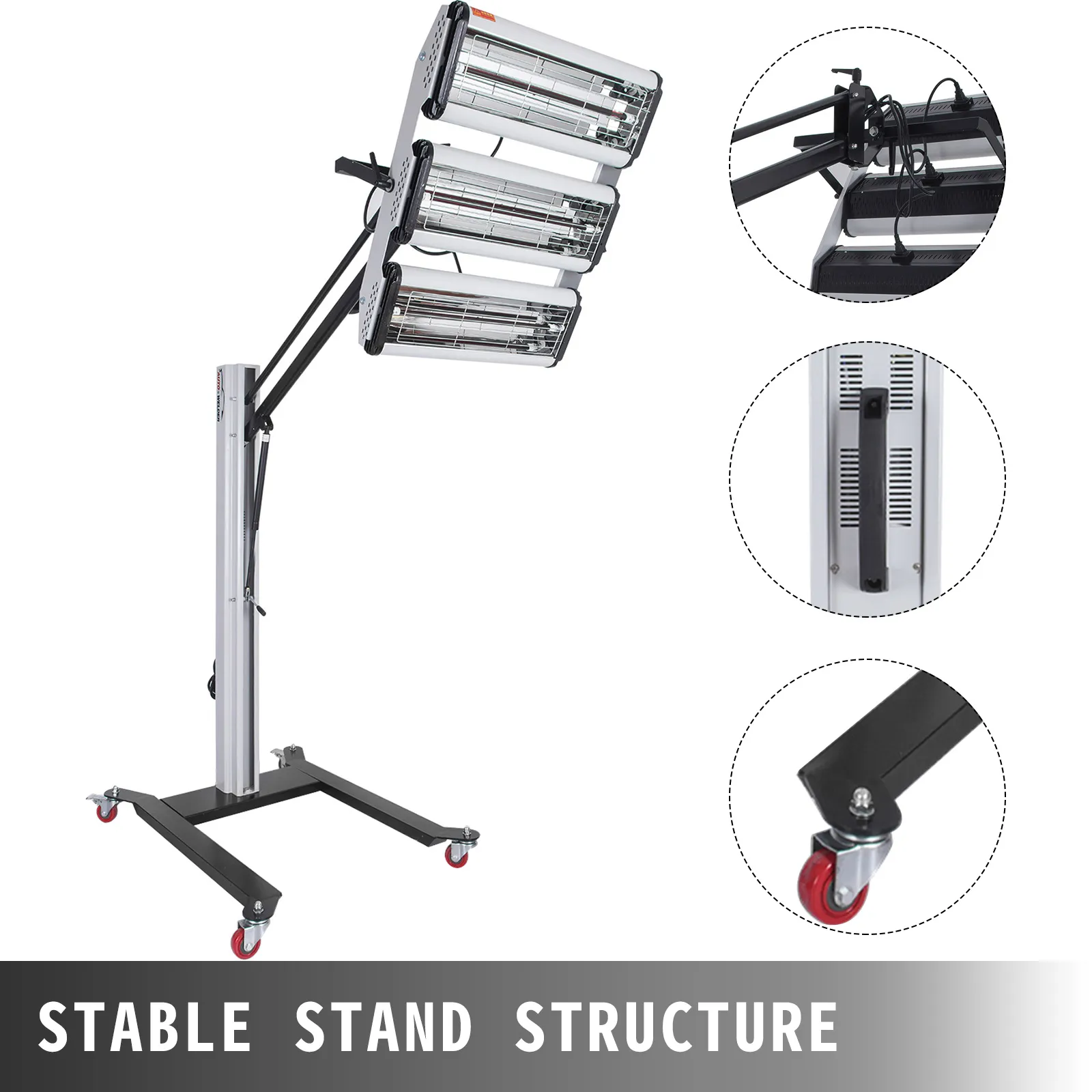 Lámpara de curado de pintura por infrarrojos VEVOR con soporte estable y ruedas giratorias rojas.