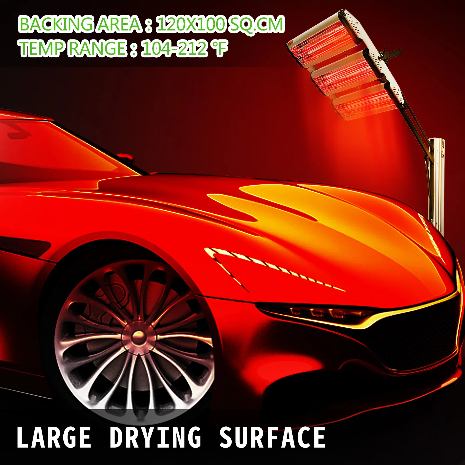 Lámpara de curado de pintura infrarroja VEVOR para secado de automóviles rojos con información de rango de temperatura y gran superficie.