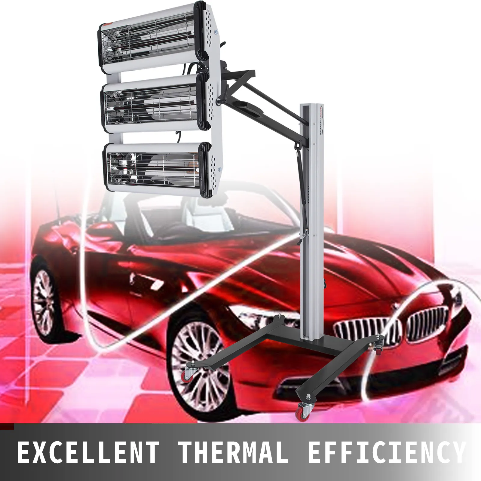 Lámpara de curado de pintura por infrarrojos VEVOR junto a un automóvil rojo con texto de excelente eficiencia térmica.