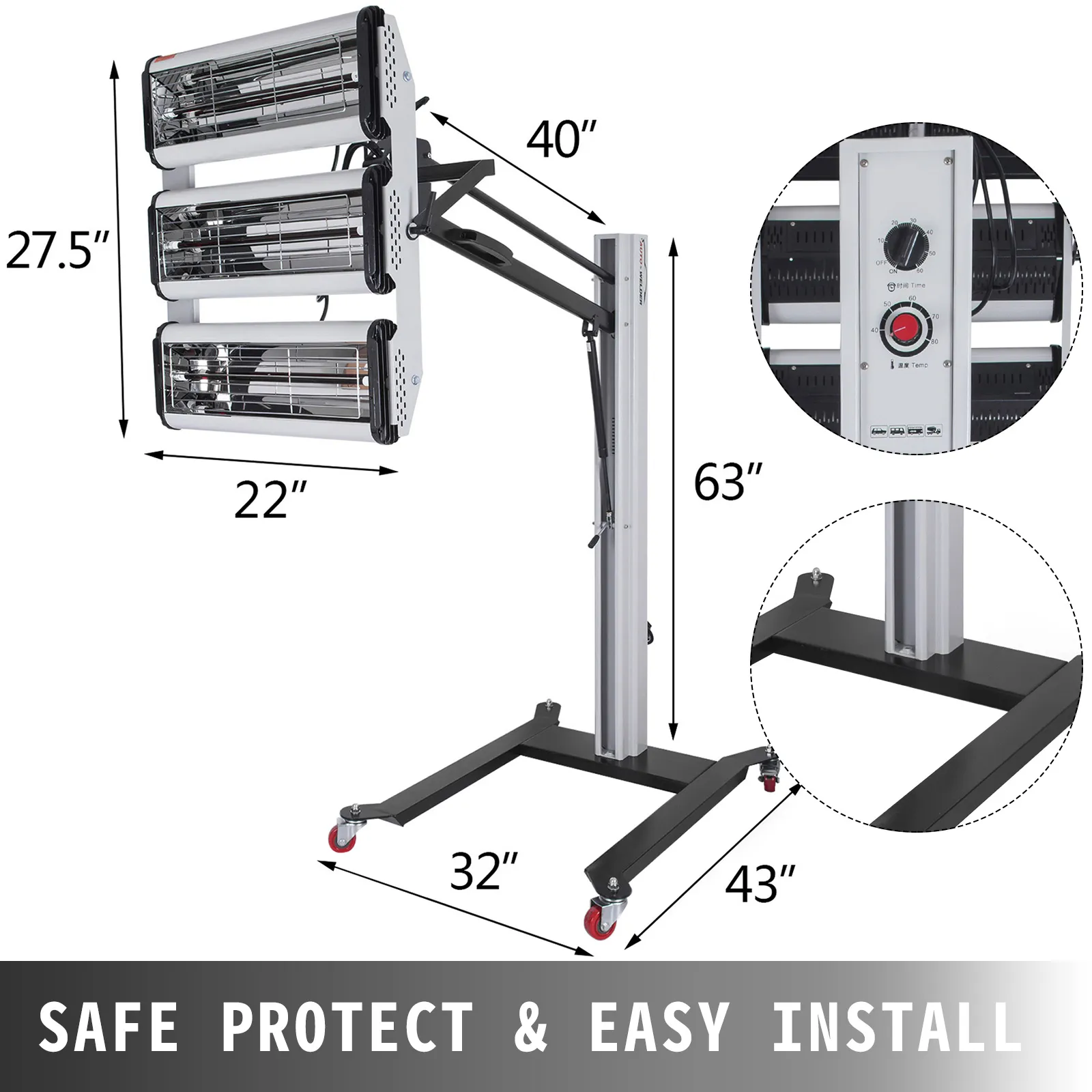 Lámpara de curado de pintura por infrarrojos VEVOR con dimensiones ajustables y primeros planos del panel de control.
