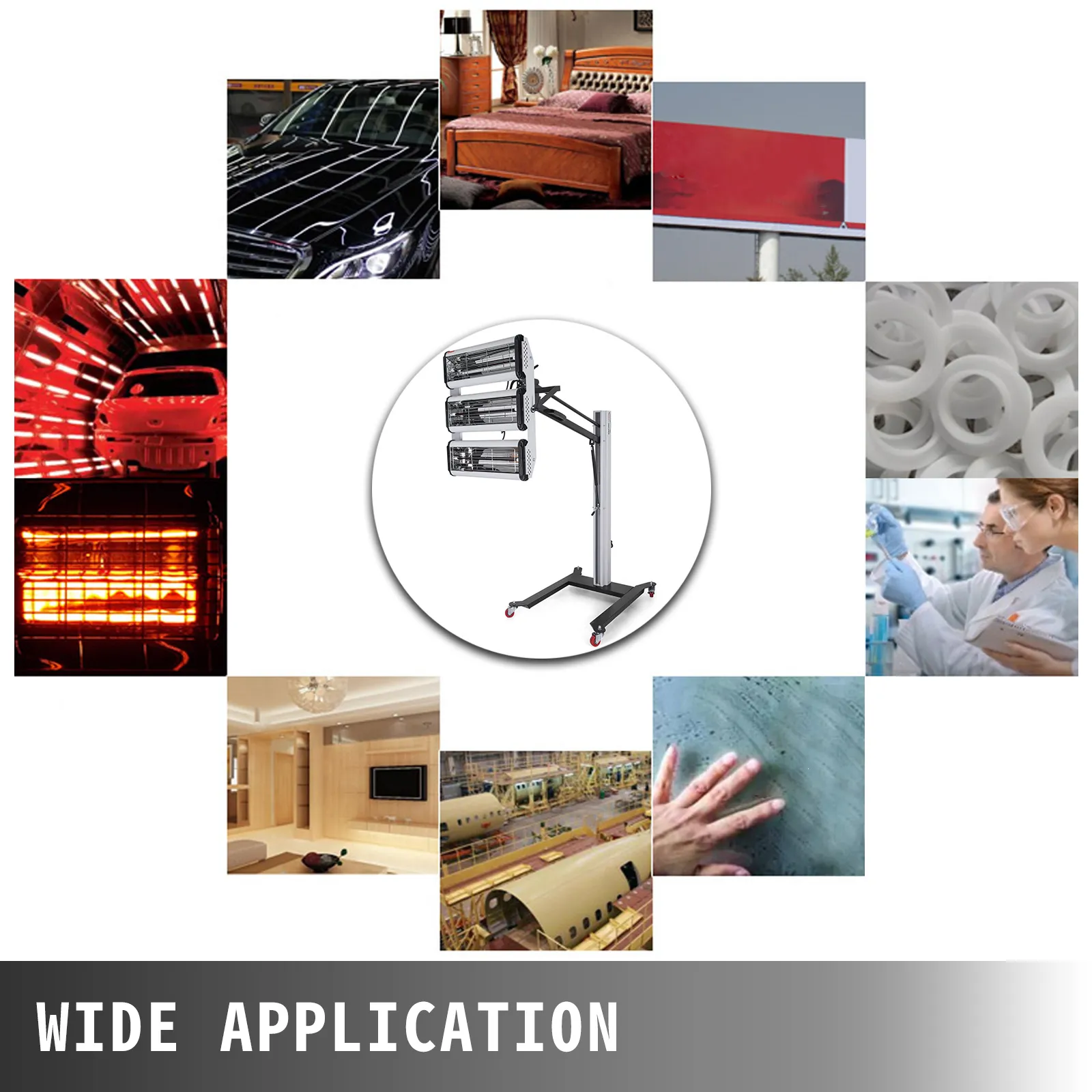 Lámpara de curado de pintura por infrarrojos VEVOR, aplicaciones versátiles en usos automotrices e industriales.