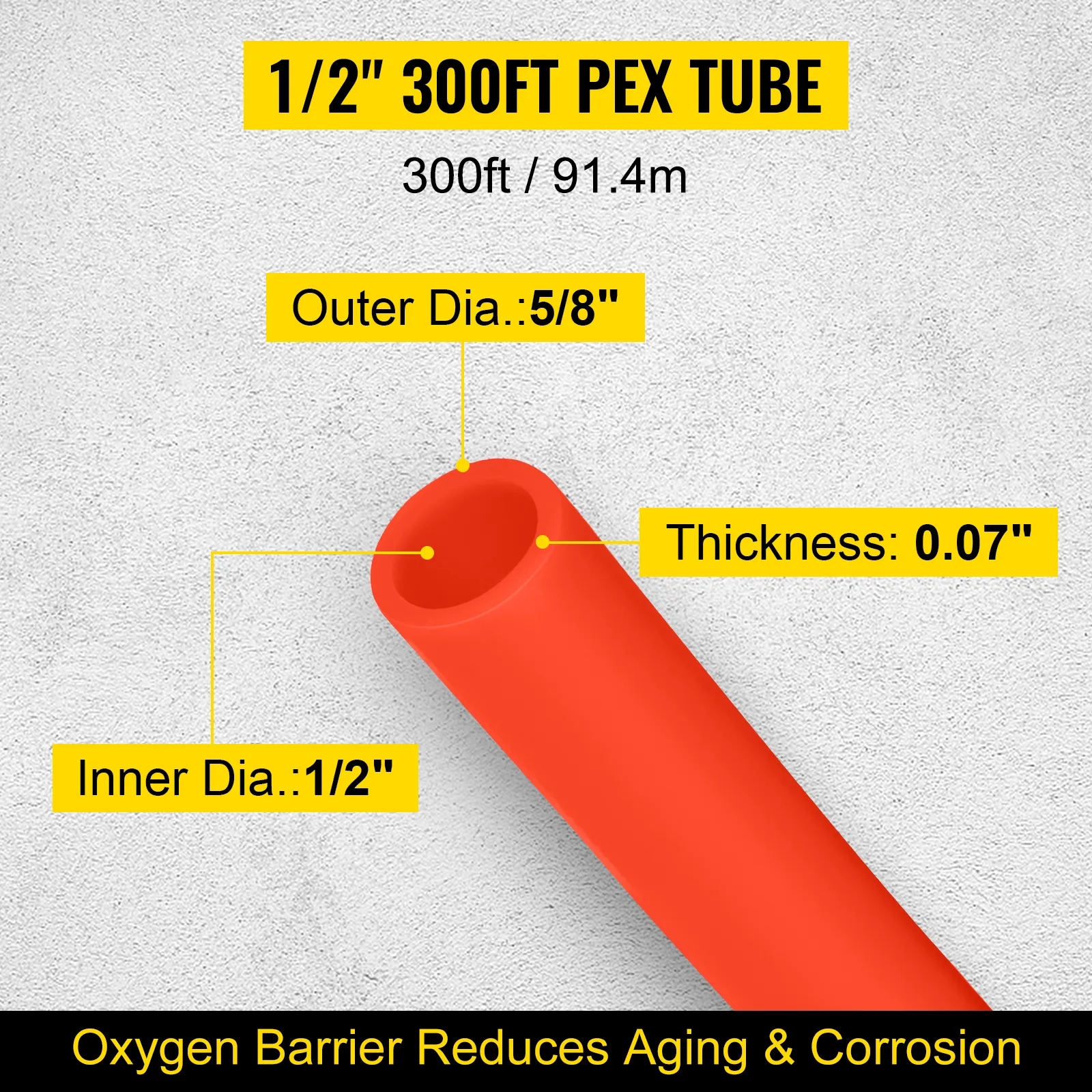1/2" 300ft pex tube dimensions with oxygen barrier for reduced aging and corrosion.