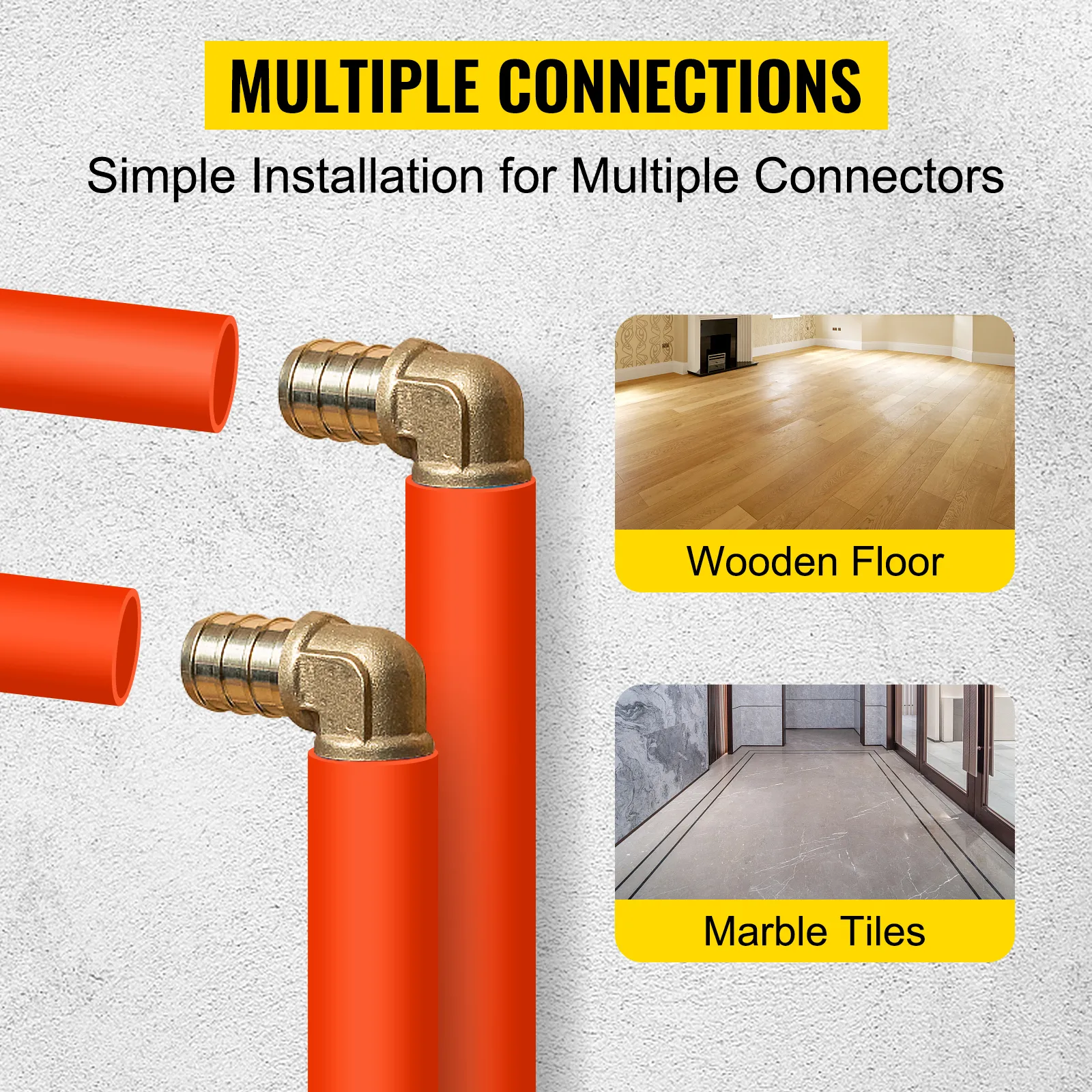 VEVOR oxygen barrier pex-b pipe with connectors, suitable for wooden floors and marble tiles.