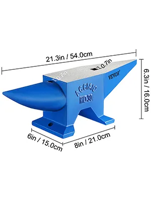 blue VEVOR blacksmith anvil labeled 21.3x6.3 inches with pointed horn and flat top.