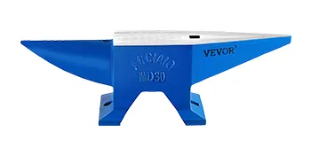 blue VEVOR blacksmith anvil with a polished steel top surface