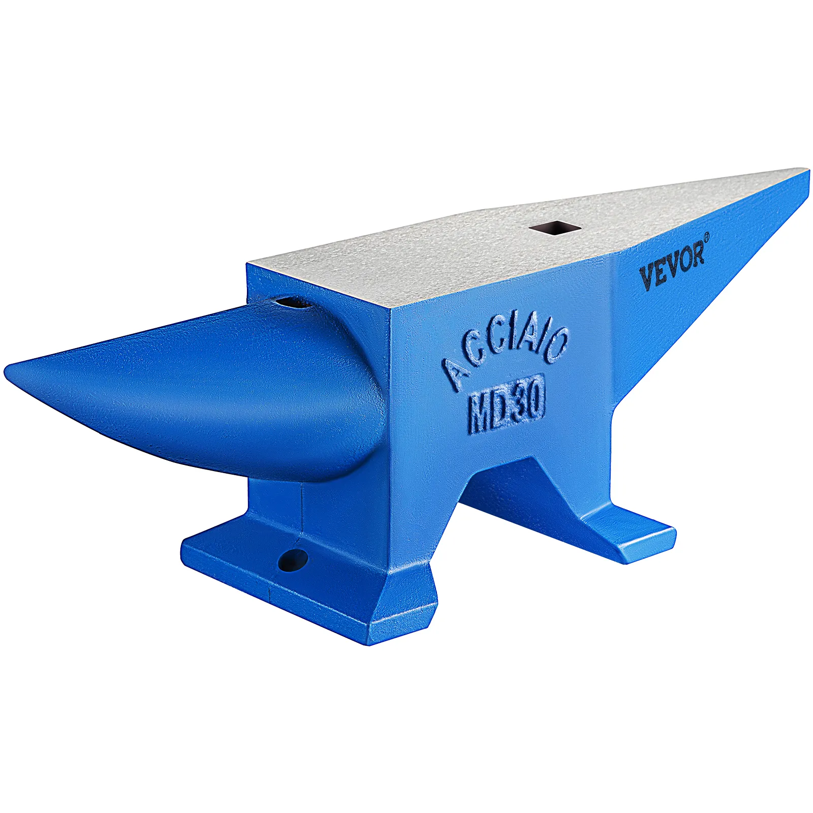 blue VEVOR blacksmith anvil with rounded horn and tapered heel.