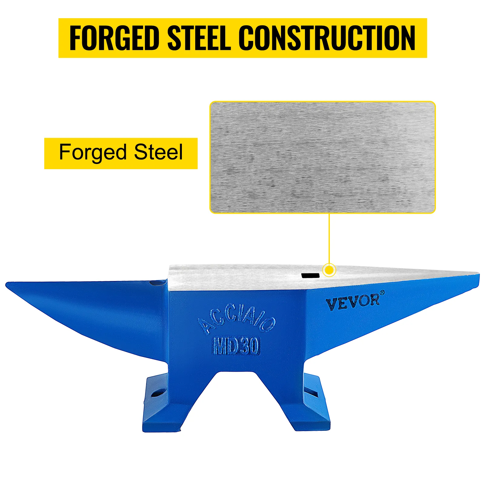 VEVOR blacksmith anvil with forged steel construction and blue base.
