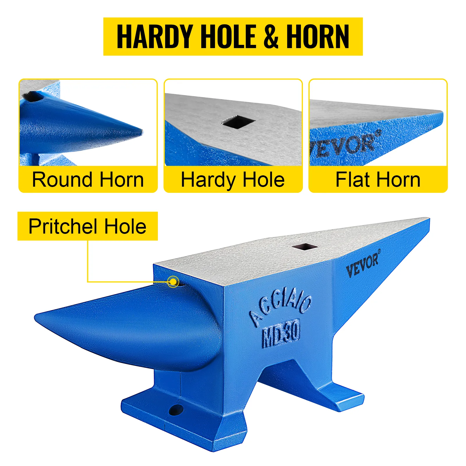 VEVOR blacksmith anvil with hardy hole, round and flat horns, and pritchel hole.