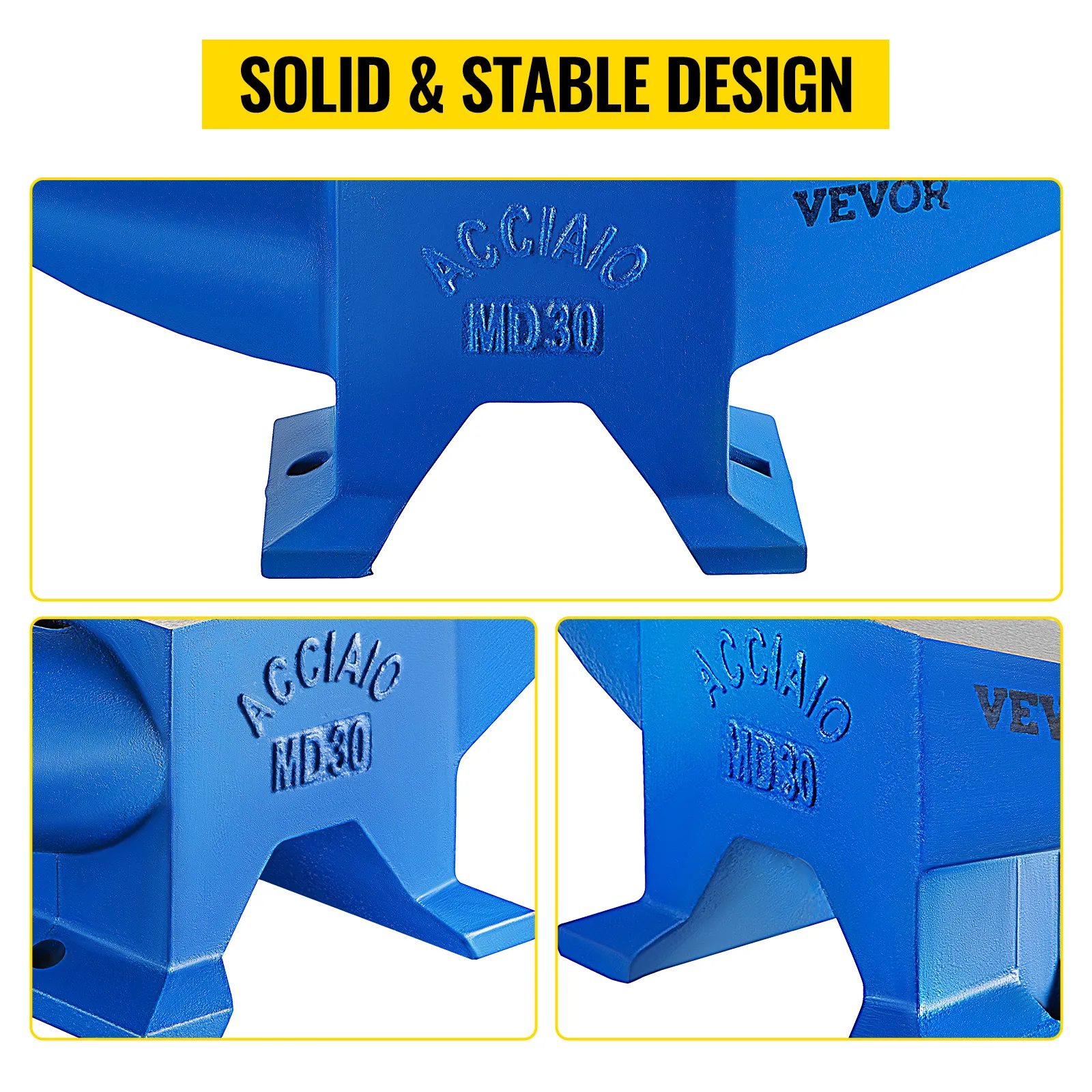 VEVOR blacksmith anvil with solid blue design and accaiao md30 engraving.