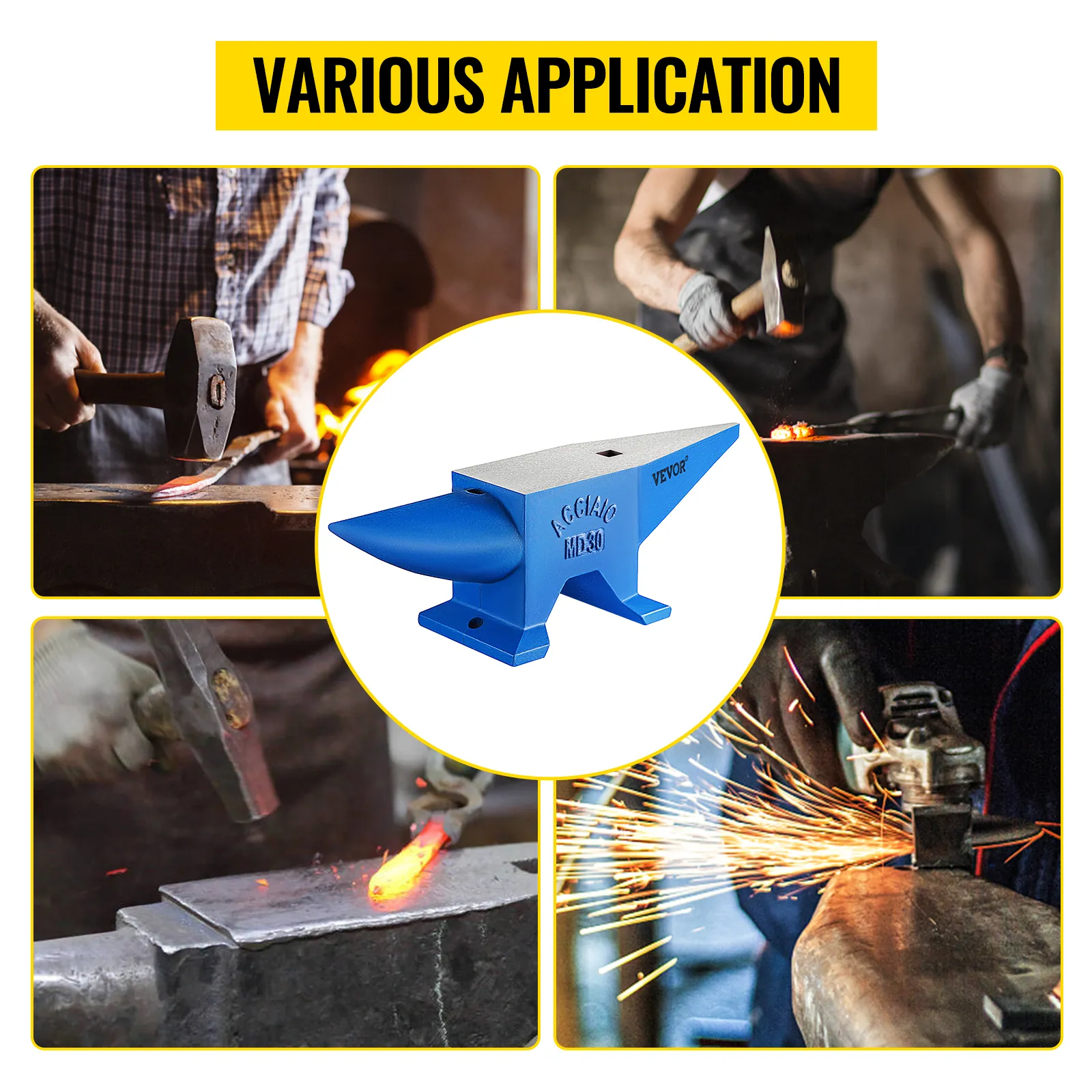 VEVOR blacksmith anvil in various applications with hammering and sparks.