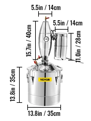 Dimensiones del destilador de alcohol VEVOR: 40 cm de altura, 35 cm de diámetro, 28 cm de altura del condensador.