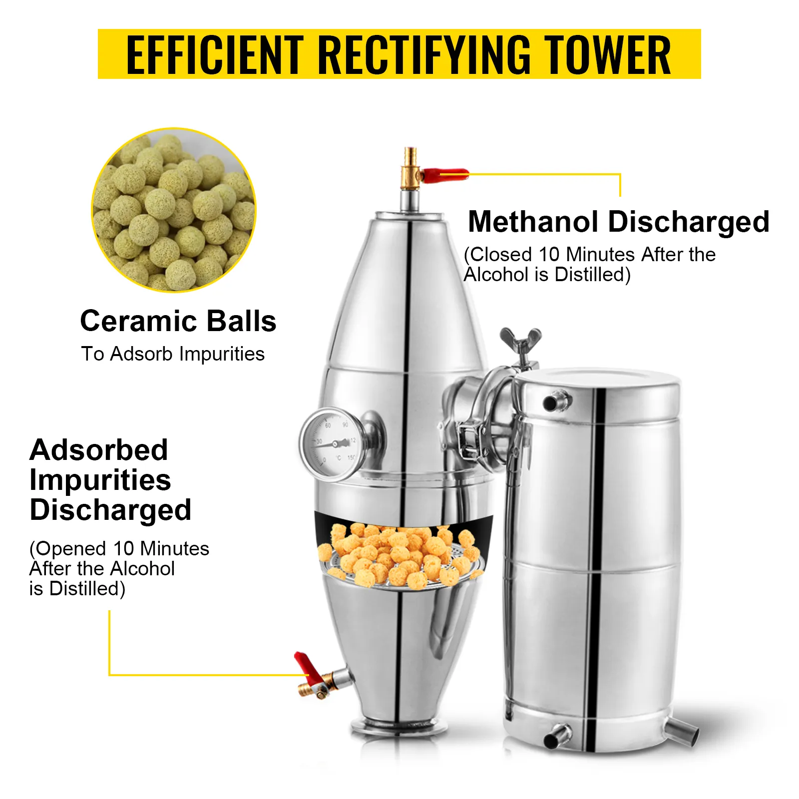 Destilador de alcohol VEVOR con bolas de cerámica y sistema de descarga de impurezas.