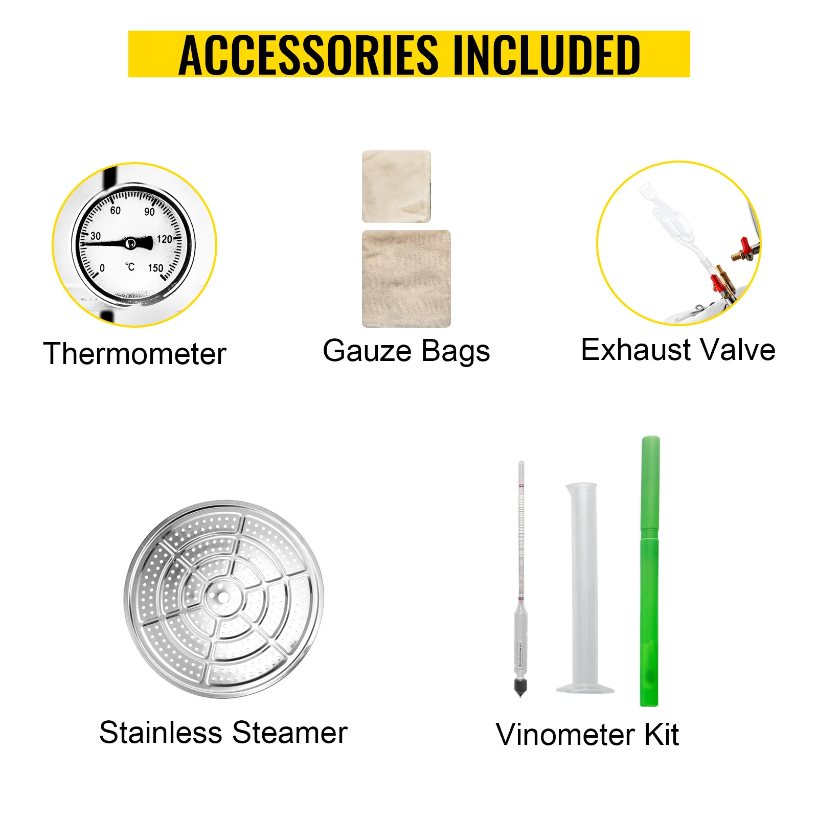 Accesorios para destilador de alcohol VEVOR: termómetro, bolsas de gasa, válvula de escape, vaporizador de acero inoxidable, kit de vinómetro.