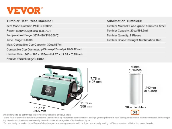 VEVOR tumbler heat press specifications, including size, power, and compatible tumbler details.