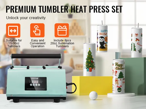 VEVOR tumbler heat press, suitable for 11-30oz tumblers, includes 8pcs 20oz sublimation tumblers.