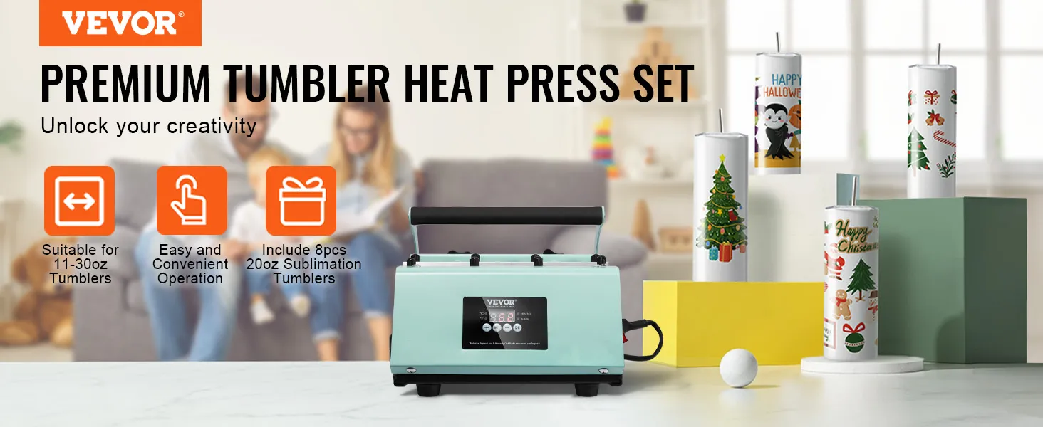 VEVOR tumbler heat press, suitable for 11-30oz tumblers, includes 8pcs 20oz sublimation tumblers.