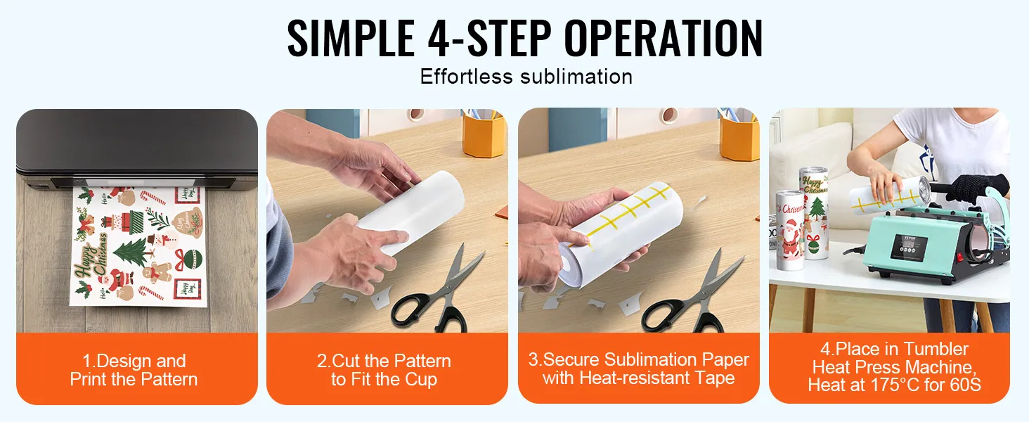 VEVOR tumbler heat press: 4-step sublimation process—design, cut, secure, and press for custom tumblers.