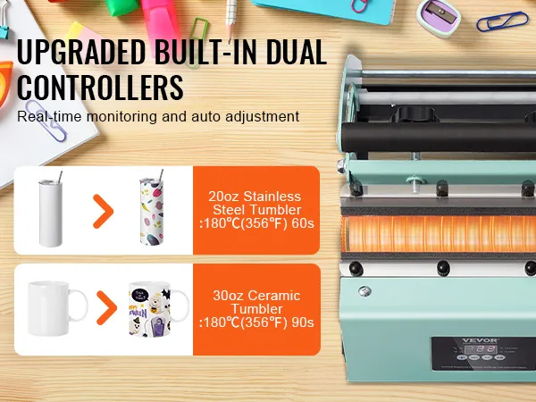 VEVOR tumbler heat press with upgraded built-in dual controllers for real-time monitoring and auto adjustment.