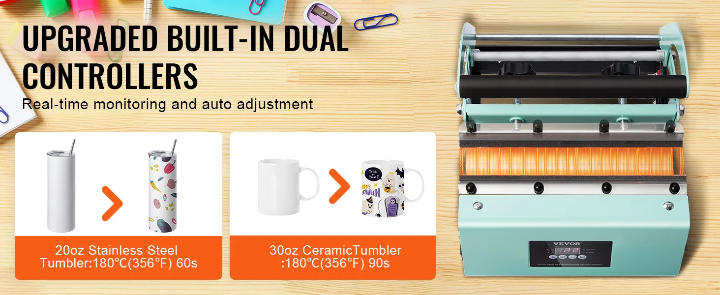 VEVOR tumbler heat press with upgraded built-in dual controllers for real-time monitoring and auto adjustment.